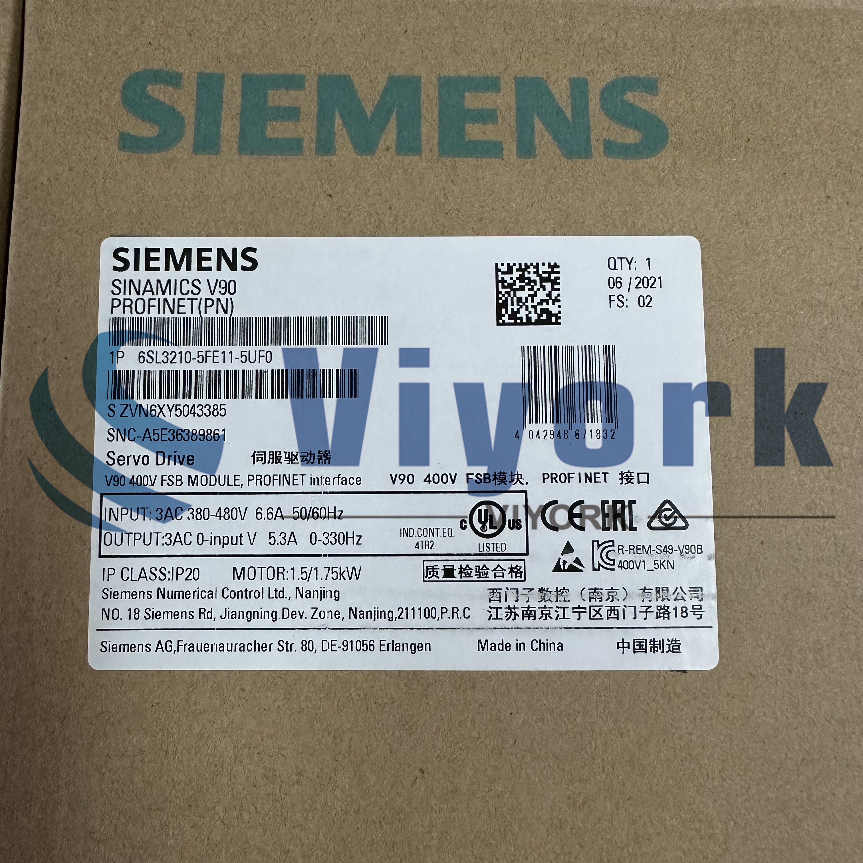 Siemens 6SL3210-5FE11-5UF0 SINAMICS V90. PROFINET. 3 AC 400V 1.5KW NEW