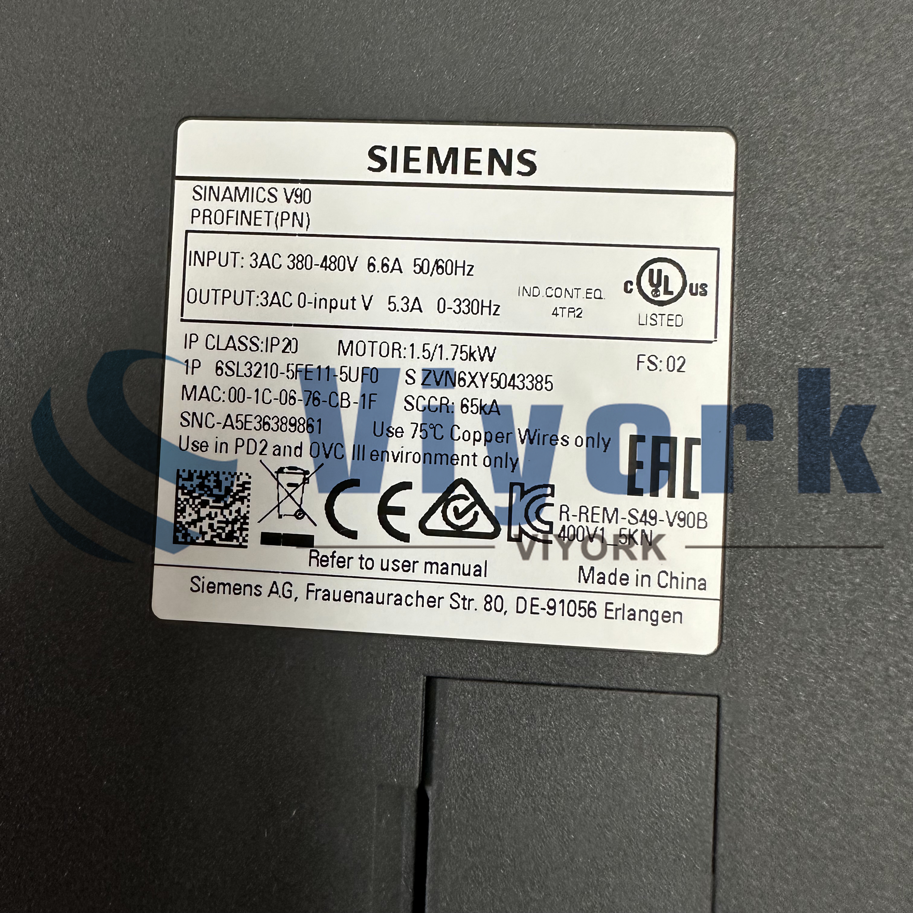 Siemens 6SL3210-5FE11-5UF0 SINAMICS V90. PROFINET. 3 AC 400V 1.5KW NEW