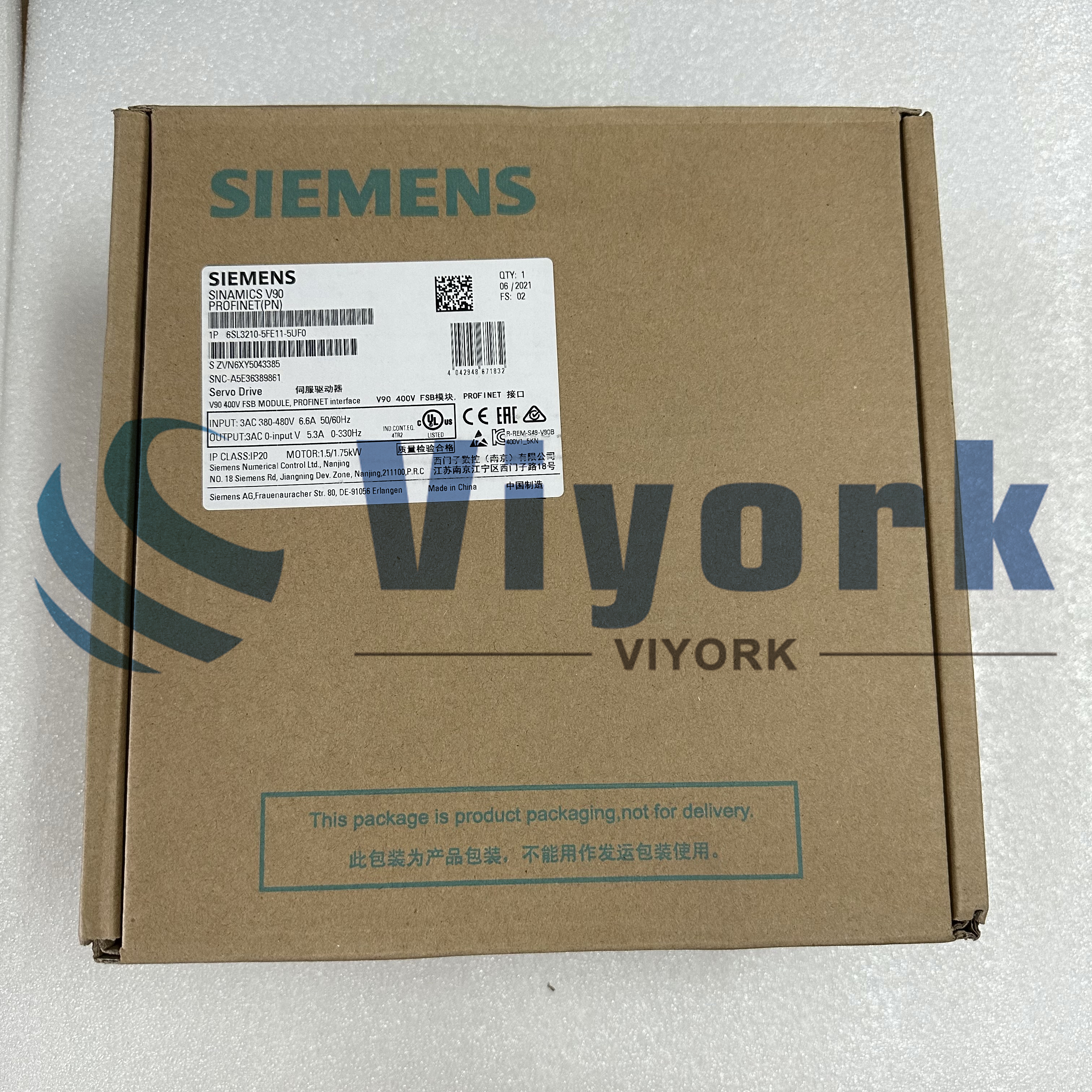 Siemens 6SL3210-5FE11-5UF0 SINAMICS V90. PROFINET. 3 AC 400V 1.5KW NEW